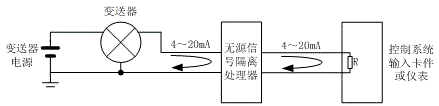 无源隔离器在三线制变送器信号输入中的接线图 无源隔离器在三线制变送器信号输入中的接线图
