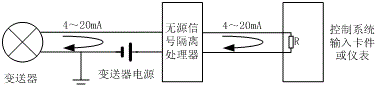 无源隔离器在二线制变送器信号输入中的接线图 无源隔离器在二线制变送器信号输入中的接线图