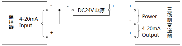 温控器与三线制变送器接线示意图(外接DC24V电源) 温控器与三线制变送器接线示意图(外接DC24V电源)