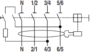 对于N极在左侧的4P漏电?；た?，测试按钮回路是串联在3/4-4/3和5/6-6/5两极
